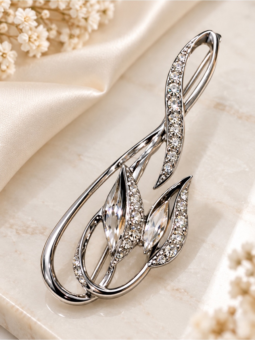 Silver Tone Rhinestone Leaf Brooch Pin Elegant Floral Swirl Jewelry